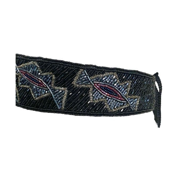 Vintage 80s black, grey, blue & pink beaded belt tie back adjustable cummerbund - Picture 9 of 9